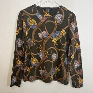Lauren Ralph Lauren Belt Print Top Olive Green Equestrian Long Sleeve XL